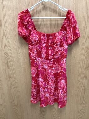 Red Floral Square-Neck Women's Dress